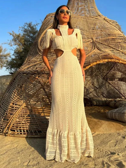 lovwvol Sexy White Lace Women Dress Turtleneck Tassel Sleeve Slim Naked Waist Hollow Out Long Dress Summer Beach Female Knit Robe