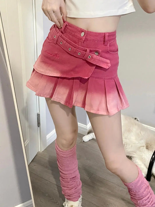 Women's Spring/Summer Barbie Pink Gradient Denim Short Skirt Fashion American Spicy Girl Y2K Subcultural Pleated Cute Skirt