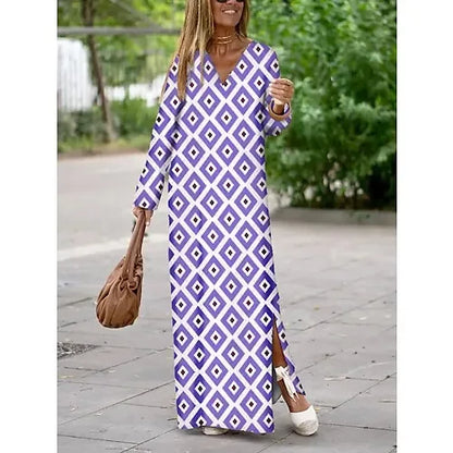 lovwvol Vintage Print Maxi Dress Women Loose V-neck Long Sleeve A-line Dresses  Autumn Lady Streetwear Robe Elegant Female Vestidos