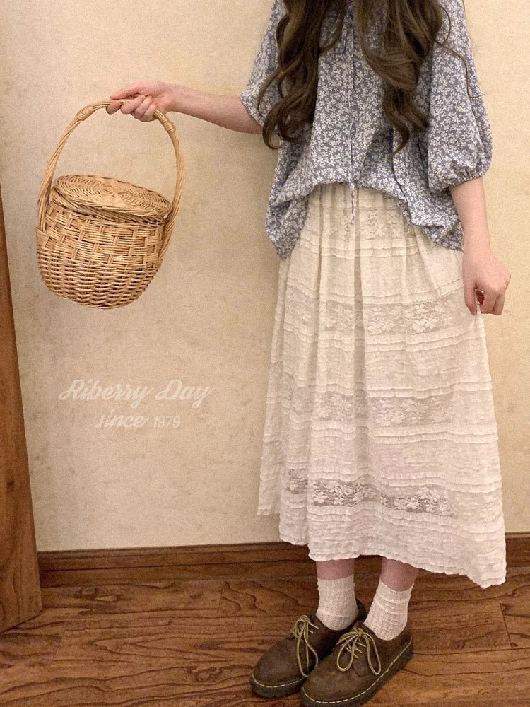 lovwvol Thin Lace Half Skirt Women Summer Long Skirts Japanese Style Vintage Cake Skirts for Women Korean Fashion Faldas Largas