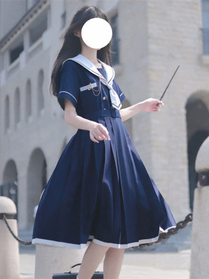 Preppy Sweet Woman Dress Sailor Collar Kawaii Vestidos Female Robe Lolita Dresses Summer Cute Women's JK  Kobieta