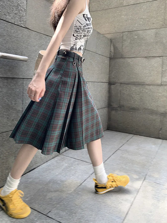 lovwvol  -  Korean style Preppy Fashion Vintage Plaid Summer Women Midi Skirt High Waist Pleated A-line Temperament Loose Y2K Skirt