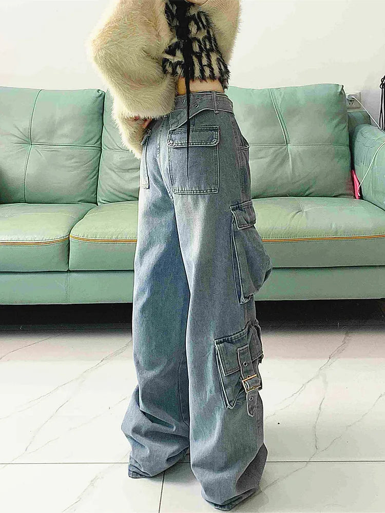 lovwvol Cyber Y2K Streetwear Washed Blue Baggy Cargo Jeans Pants For Women Clothing Multi Pockets Old Wide Leg Dress Lady Trousers