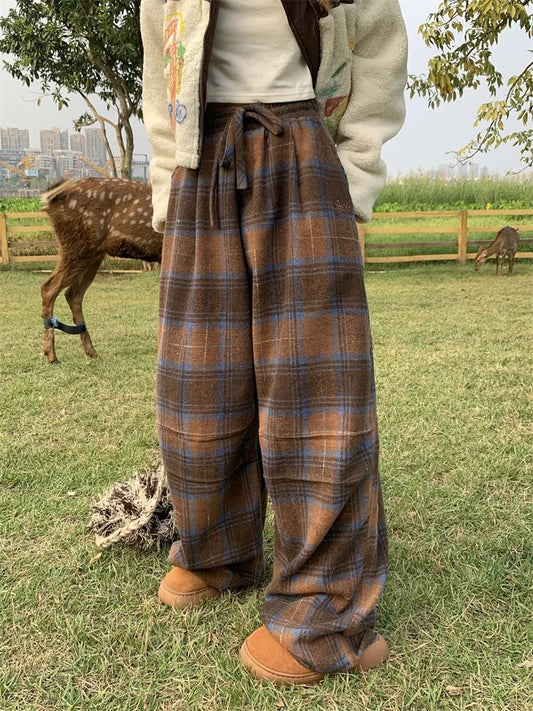 lovwvol Y2K Vintage Brown Plaid Pants Women Harajuku Retro 90s Wide Leg Checked Trousers Oversized Korean Fashion Sweatpants