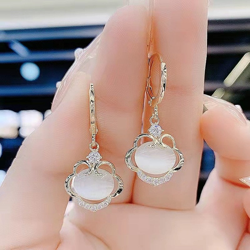 New Luxury Zircon Water Drop Earrings for Women Korean Fashion Rhinestone Opal Flower Geometrical Earring Girl Unusual Jewelry