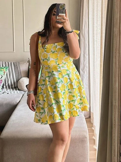 lovwvol Women Sweet Lemon Printed Mini Dress Chic Square Neck Sleeveless Lace Up A-line Dresses 2024 Summer Lady Street Pleated Robes