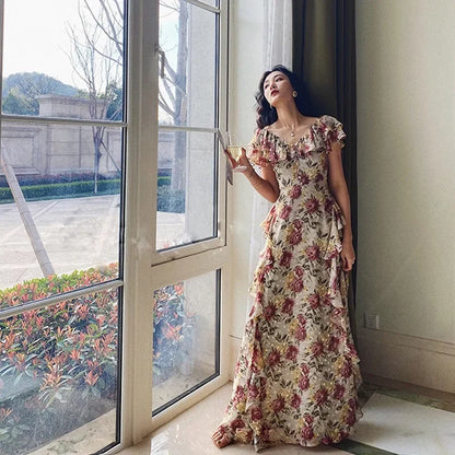 lovwvol French Elegant 2000s Vintage Dress Women Floral Floor-Length Sexy Wedding Party Long Boho Dress Beach Style 2024 Summer Y2k Chic