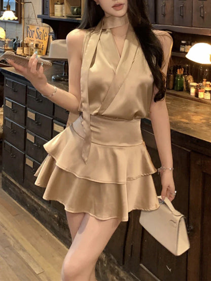 lovwvol French Elegant 2 Piece Skirt Sets Female Casual Office Lady Stain Y2k Crop Top Vest + Mini Skirts Sleeveless Korean Fashion Chic