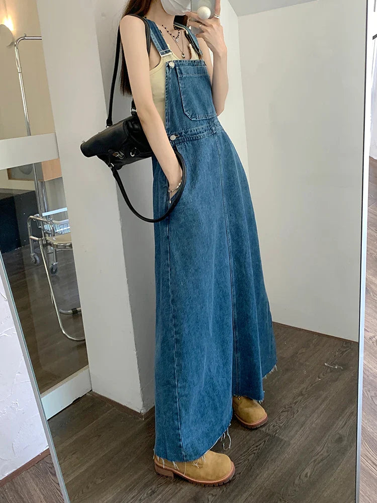 lovwvol SML Women Loose Ladies Vintage Long Denim Dress Female Tassel Spaghetti Strap Jeans Denim Dresses Female (78913