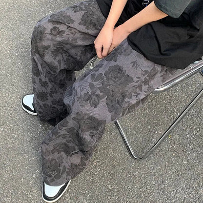 lovwvol Summer Thin Retro Corduroy Pants Women Harajuku Printed Baggy Wide Leg Trousers Teen High Street Unisex Hip Hop Pants