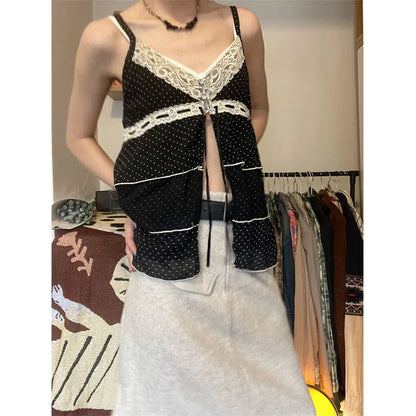 lovwvol Vintage Black Lace Camis Women Y2k Coquette Aesthetic Kawaii Crop Tank Tops Sexy Japanese 2000s Grunge Harajuku Fashion