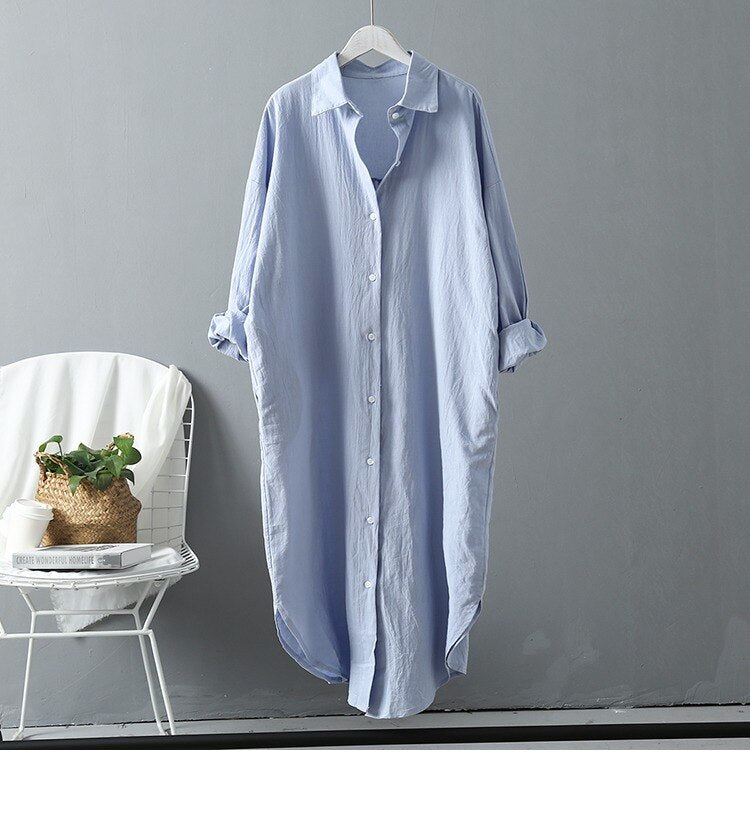 Women's Long Sleeve Shirt Midi Dress Summer Casual Cotton  Korean Solid  Buttons Loose Clothes Robe Femme Vestido Ladies Office