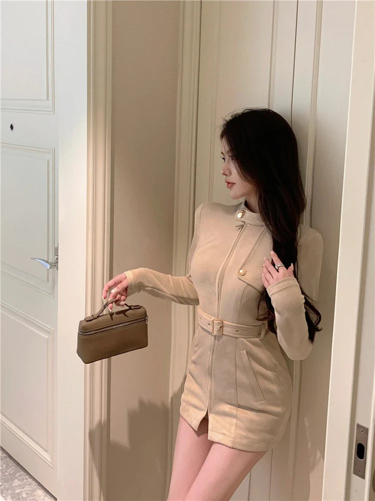 lovwvol Autumn French Vintage Dress Coats Women Casual Bodycon Y2k Mini Dress Office Lady Outwear Elegant Evening Party Korean