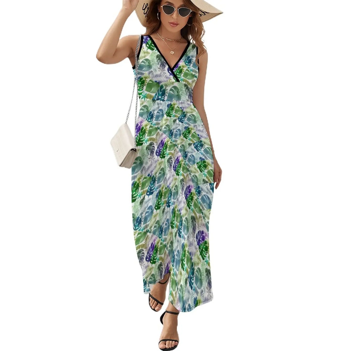 lovwvol Tropical Print Dress Female Orange Flowers Vintage Maxi Dress V Neck High Waist Aesthetic Design Boho Beach Long Dresses