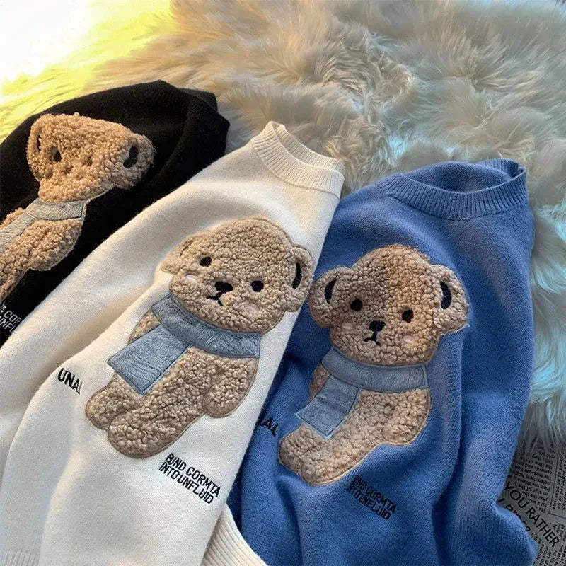 lovwvol Korean Style Cartoon Bear Print Knitted Sweater Women Kawaii Harajuku Blue Long Sleeve Oversize Jumper Female Winter