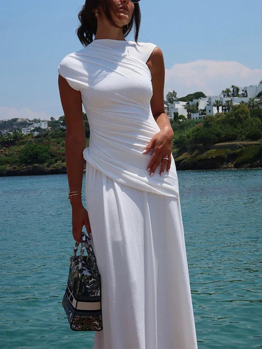 lovwvol Elegant White Women Asymmetry Maxi Dress Fashion O-neck Sleeveless Pleated Bodycon Dresses Summer Lady Vacation Robes 2024