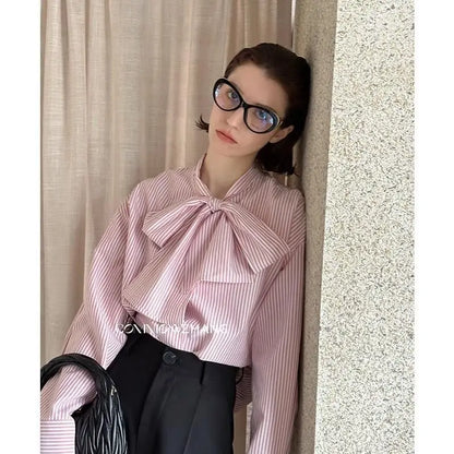 lovwvol Vintage Striped Blouses with Bow Women Elegant French Style Long Sleeve Shirts Sweet Preppy Office Look Korean Fashion