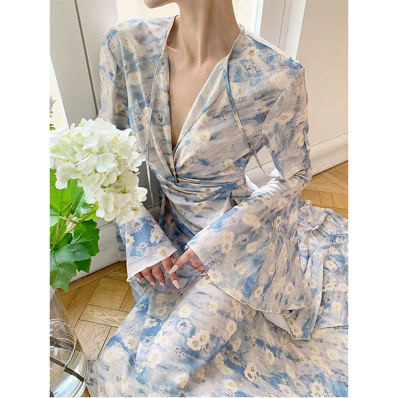 lovwvol French Vintage Elegant Floral Midi Dress Office Lady Beach Fashion Casual Slim Dress Women Even Party Dress Korean Summer