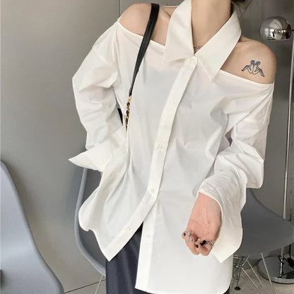 lovwvol Women Blouses White Off Shoulder Oversized Korean Fashion Sexy Chic Aesthetic Shirts Elegant Female Tops Streetwear