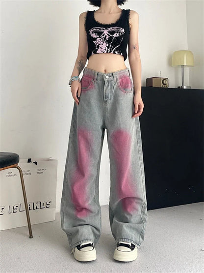 lovwvol Women's Inkjet Design Thin Jeans Street Summer New Trousers Young Girl Street Bottoms Female High Waisted Denim Pants