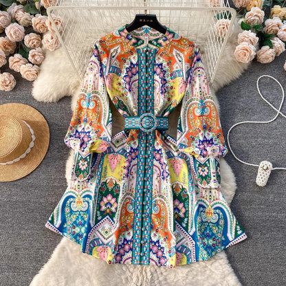 lovwvol Gorgeous Flower Blooming Mini Dress Women's Stand Collar Lantern Sleeve Buttons Floral Print Lace Up Belt Holiday Beach Vestidos