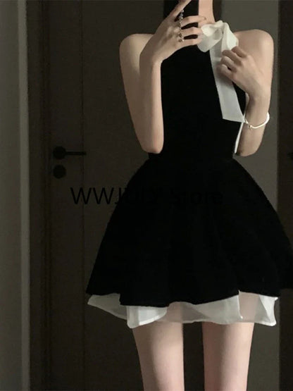 lovwvol Sexy Dress Woman Bow Bandage Sleeveless Slim Patchwork Black Mini Dresses Puffy Elegant Vintage Ladies Summer Fashion Chic