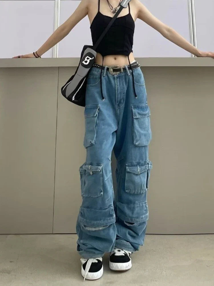 lovwvol Y2k Vintage Cargo Pants Women Multi-pocket Blue High Waist Jeans Streetwear Fashion Harajuku Casual Denim Wide Leg Pants