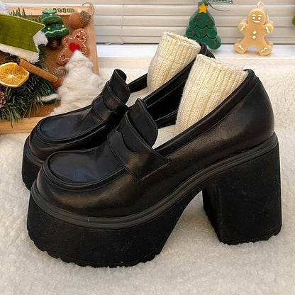 Pu Leather Women's Platform Loafers  Gothic Black Chunky High Heels Pumps Woman Preppy Style Jk Uniform Shoes Mujer