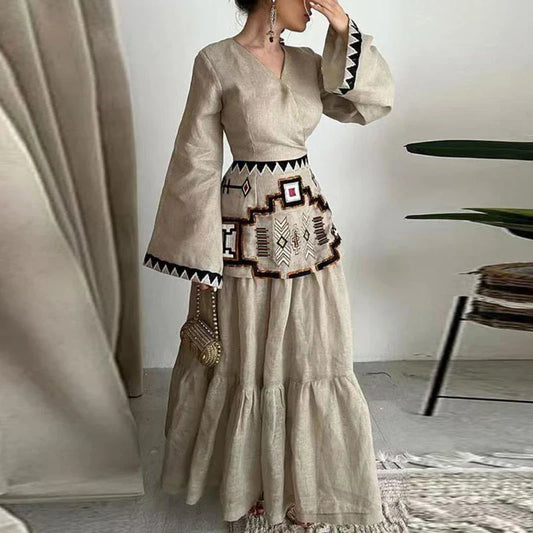 lovwvol Vintage Ethnic Style Print Patchwork Women Dress Casual Cotton Linen Loose A-Line Dress Lady V-Neck Flare Sleeve Boho Maxi Dress