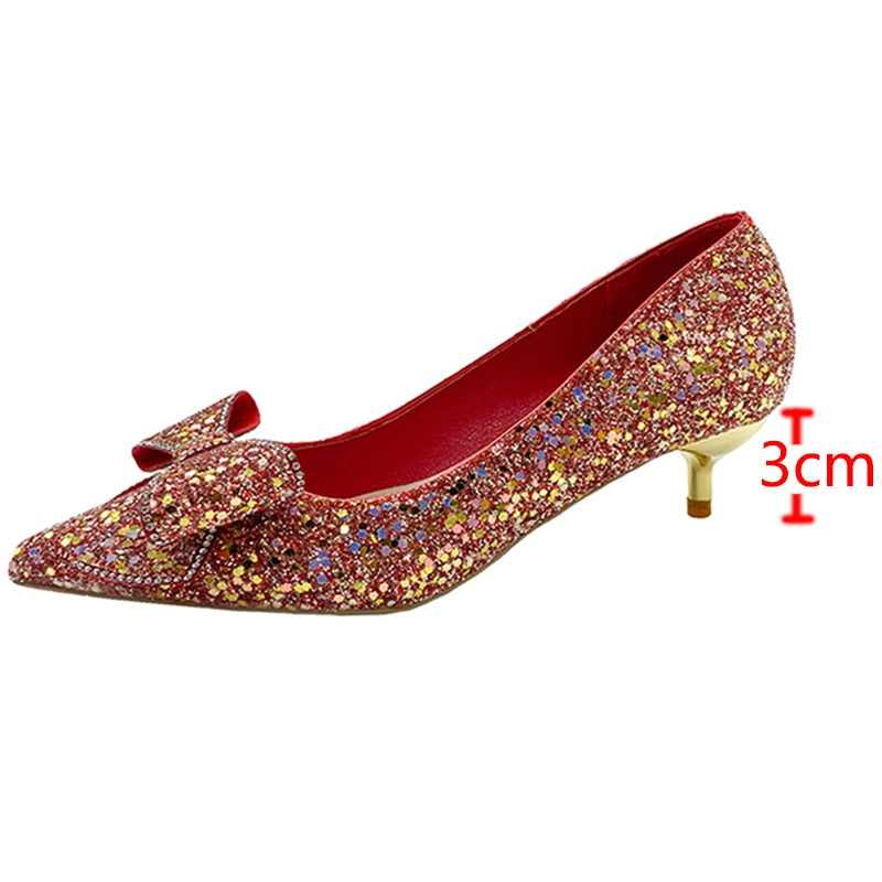 lovwvol Shiny Sequins High Heels Pumps Women 2023 New Crystal Bowtie Thin Heeled Wedding Party Shoes Woman Luxury Pointed Toe Red Pumps