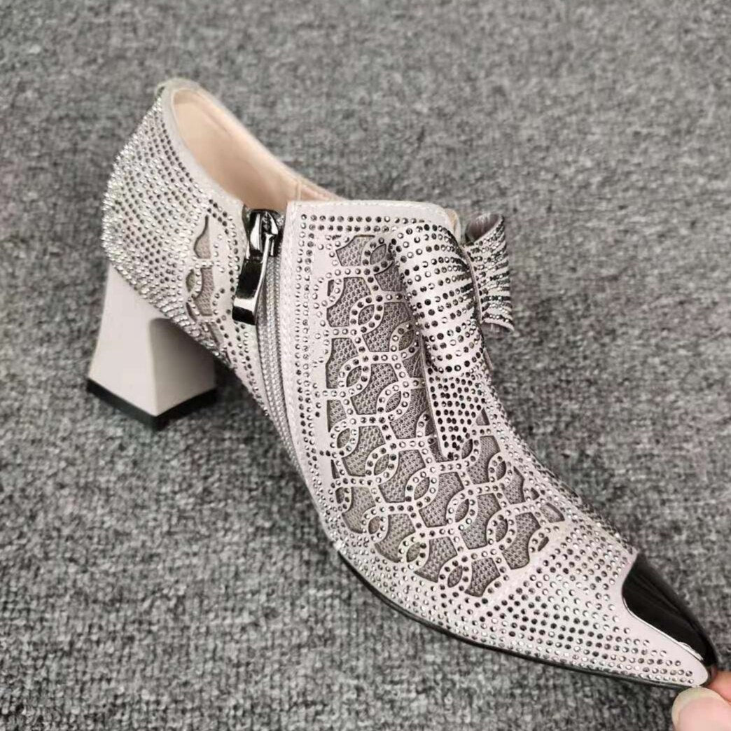 Hollow Mesh Shoes Women's Rhinestone Thick Heels Pointed Toe Zipper Bow Sandals Spring/Summer Trends New