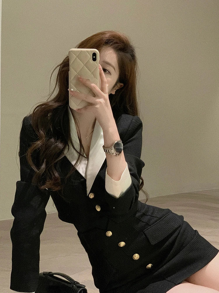 lovwvol Black Y2k Mini Skirt Set Women Casual Korean 2 Piece Dress Set Crop Tops Jacket Tops + Short Skirts Elegant Suit Autumn New