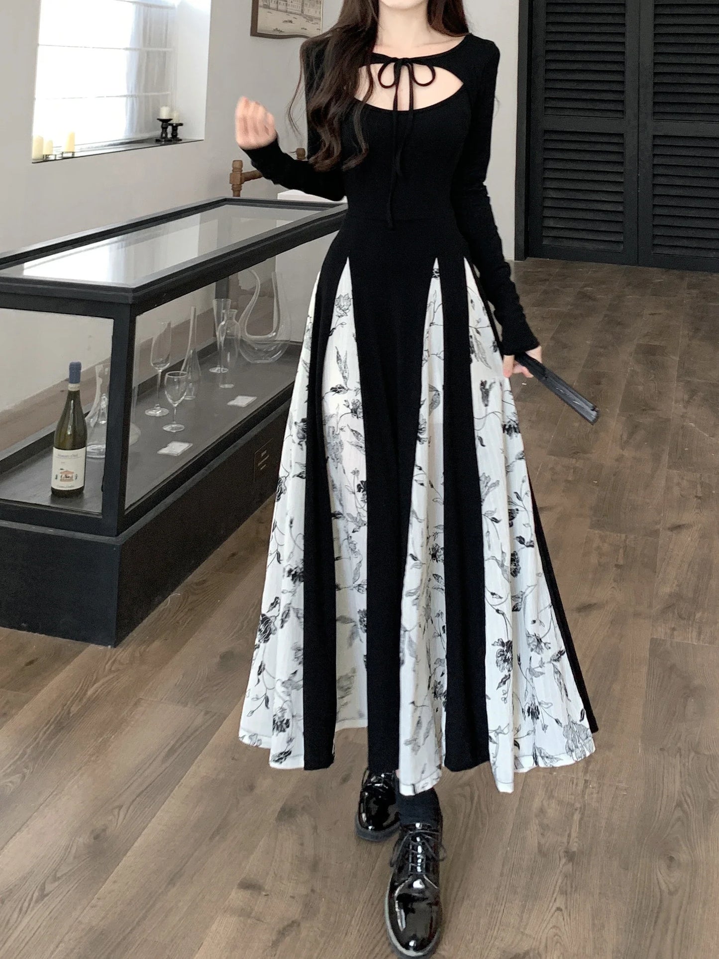 lovwvol Vintage Knitted Patchwork Floral Dress Irregular Design Sense Hepburn Wind Sweet Fashion Slim Summer New Black Long Dresses