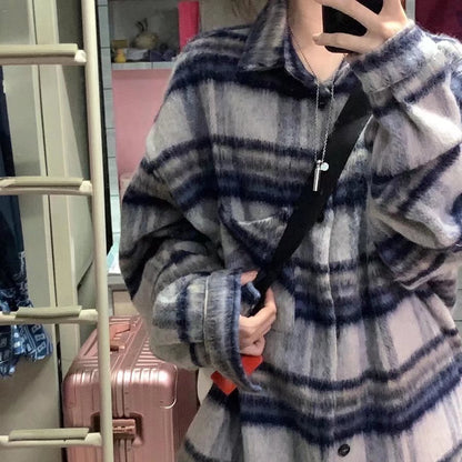 Autumn And Winter Fluffy Plaid Oversized Shirt Vintage Casual Long-Sleeved Lapel Chic Blouse Woman Street Harajuku Tops Button