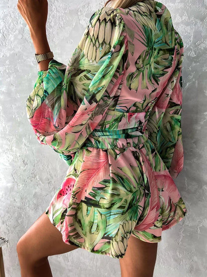 lovwvol  -  Sexy Deep V Neck Jumpsuit For Women Summer Casual Boho Beach Vacation Outfit Female Fashion Print Lantern Sleeve Rompers Shorts