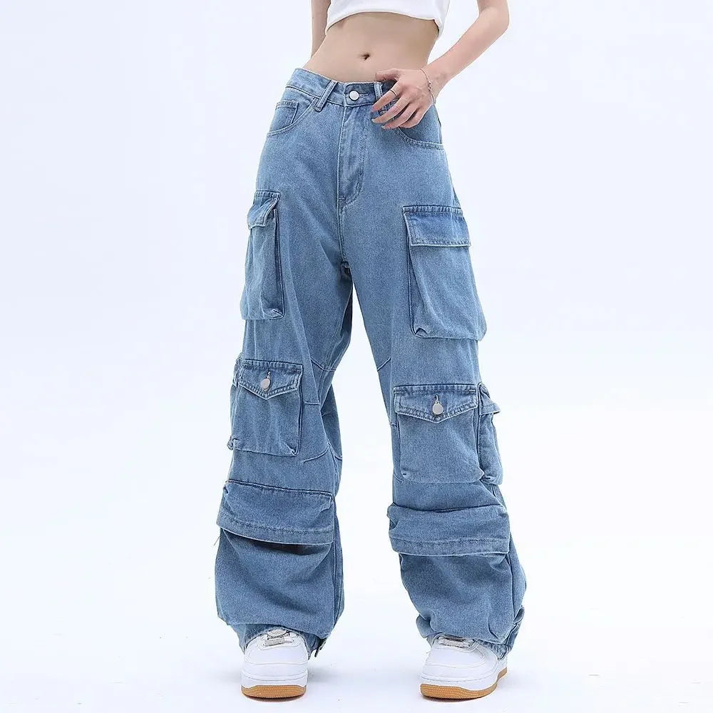 lovwvol American pink multi-pocket cargo jeans for women, hip-hop goth strap design, street loose straight-leg floor mopping pants