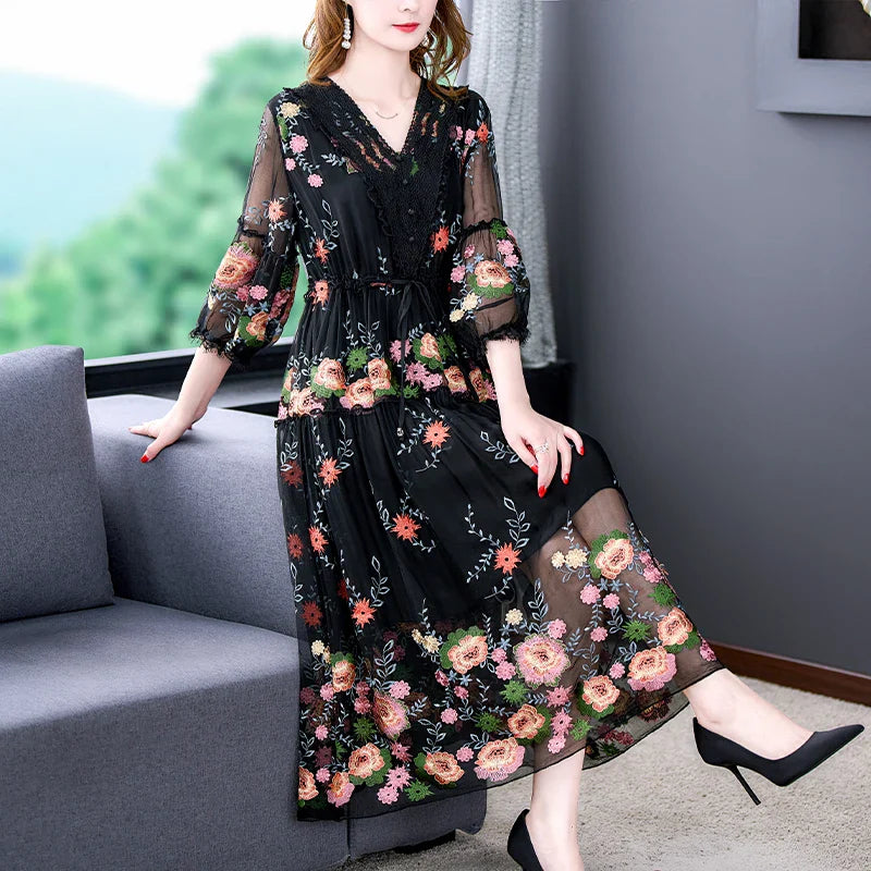 lovwvol New 2024 Women's Summer Runway Embroidered Long Dress Ladies V-neck Lantern Sleeve Mesh Vintage Party Dress