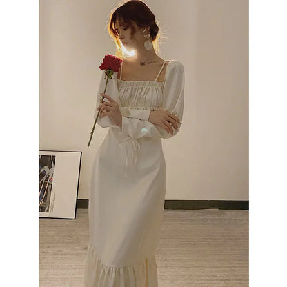 lovwvol Summer New Style Retro Sweet one-shoulder Square Neck Puff Sleeve Trumpet Dress Women Sexy Folds White Vintage Wedding Dresses