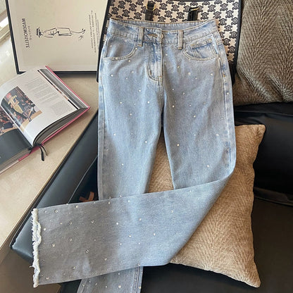 Women Summer Wide Leg Denim Pants Blue High Waist Diamonds Straight Loose Trouser High Street Fashion Jeans Mujer Harajuku Tide