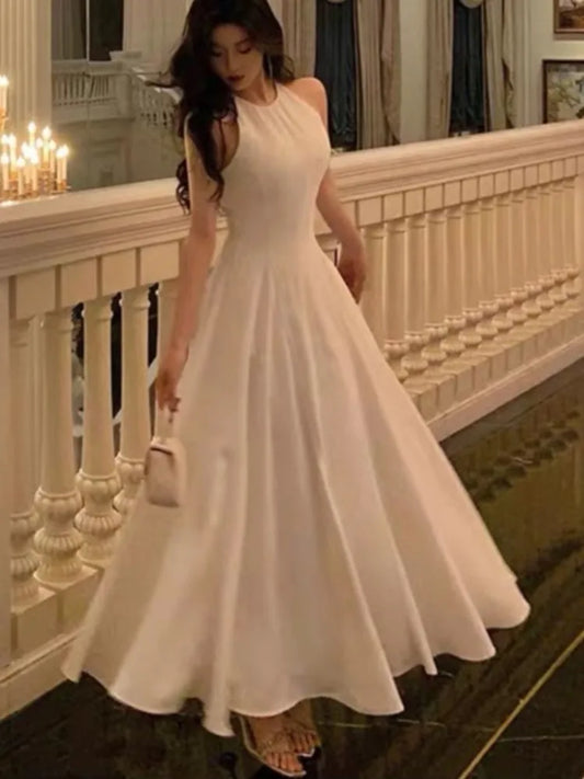 lovwvol France Vintage Halter Evening Party Long Dresses for Women Solid Sleeveless A-line Princess Wedding Prom Robe New Spring Vestido