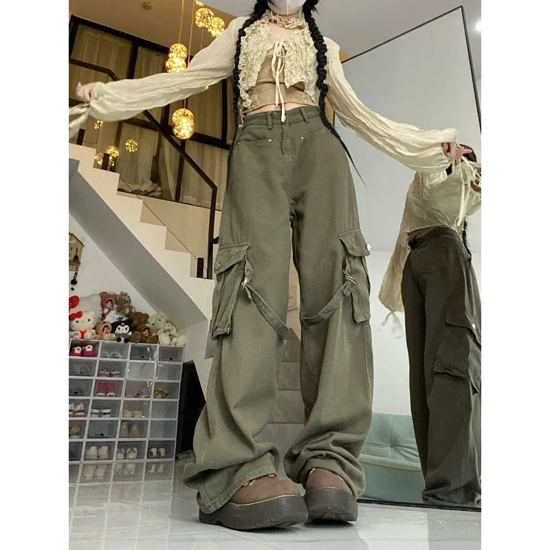 lovwvol   Vintage Y2k Oversize Cargo Jeans Woman Streetwear Casual Baggy Denim Pants Harajuku Acubi Fashion Wide Leg Trousers