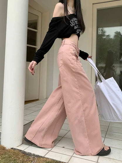 lovwvol   Women's Pink Wide Leg Jeans American Fashion Vintage High-waisted Loose Straight-leg Trousers Streetwear Y2k clothes