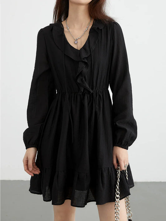 Korean Women Dresses New V-neck Loose Casual Ruffle Edge Mid Length A Line Female Pullover Dress Spring Autumn