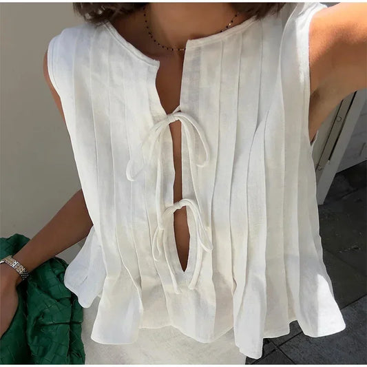 lovwvol Fashion Pleated Hollowing Out Lace Up Shirts Women O Neck Sleeveless Ruffled Hem Tops Elegant Lady 2024 Summer High Streetwear ﻿