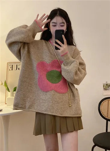 lovwvol Flower Knitted Sweater Female Pull Femme Autumn Contrast Color Womens Clothing Loose Round Neck Long Sleeve Y2k Top