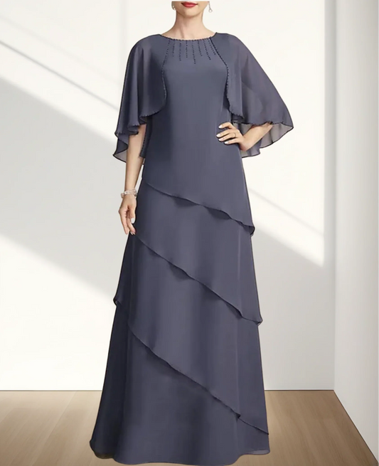 A-Line Mother of the Bride Dress Wedding Guest Elegant Floor Length Chiffon 3/4 Length Sleeve  with Cascading Ruffles