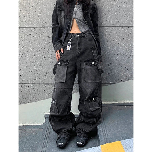 lovwvol  -  Black Women's Vibe Vintage Cargo Jeans Fashion Pocket High Waist Straight Pants High Street Baggy Mopping Denim Trouser Ladies W