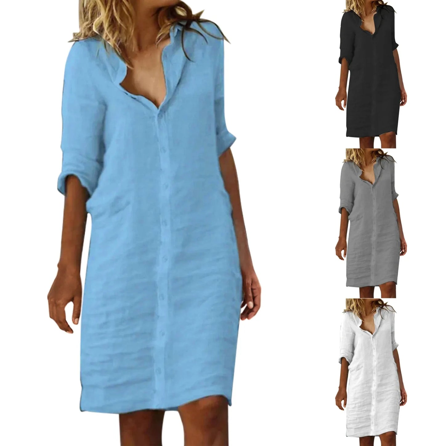 lovwvol Vintage Cotton Linen Shirt Dresses for Women Summer Half Sleeve Loose Lapel Dress Ladies Casual Holiday Knee Length Dress Robe