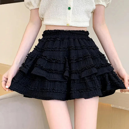 lovwvol Sweet Cute Lace Mini Skirt Women Kawaii White Ruffles Pleated Skirts Summer Korean High Waist Black Casual A Line Skirt