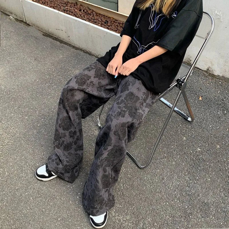 lovwvol Summer Thin Retro Corduroy Pants Women Harajuku Printed Baggy Wide Leg Trousers Teen High Street Unisex Hip Hop Pants